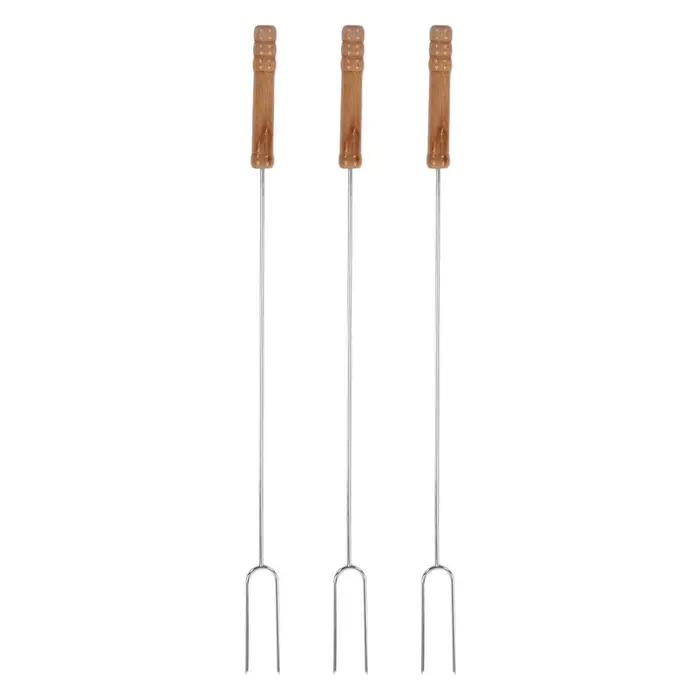 Bâton de rôtissage multifonctionnel en acier inoxydable avec manche en bois de hêtre, fourcommuniste pour barbecue en plein air, camping, 47.2cm, 3 pièces