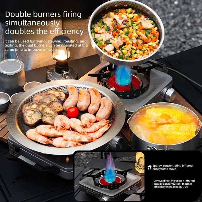 Réchaud de camping BUERK, réchaud à gaz portable, double brûleur, réchaud infrarouge pliable, ensemble de cuisson pour barbecue en plein air