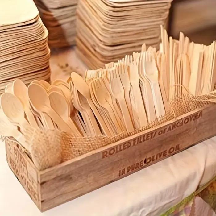 Ensemble de couverts jetables en bois, comprenant couteaux, fourchettes, cuillères pour fêtes, réunions, vacances, anniversaires, mariages, décoration de la maison