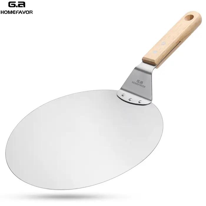 Pelle à Pizza Rondes en Acier Inoxydable avec Manche en Bois de Chêne Antiadhésive Outils Dramatiques Cuisine Occasions Spéciales