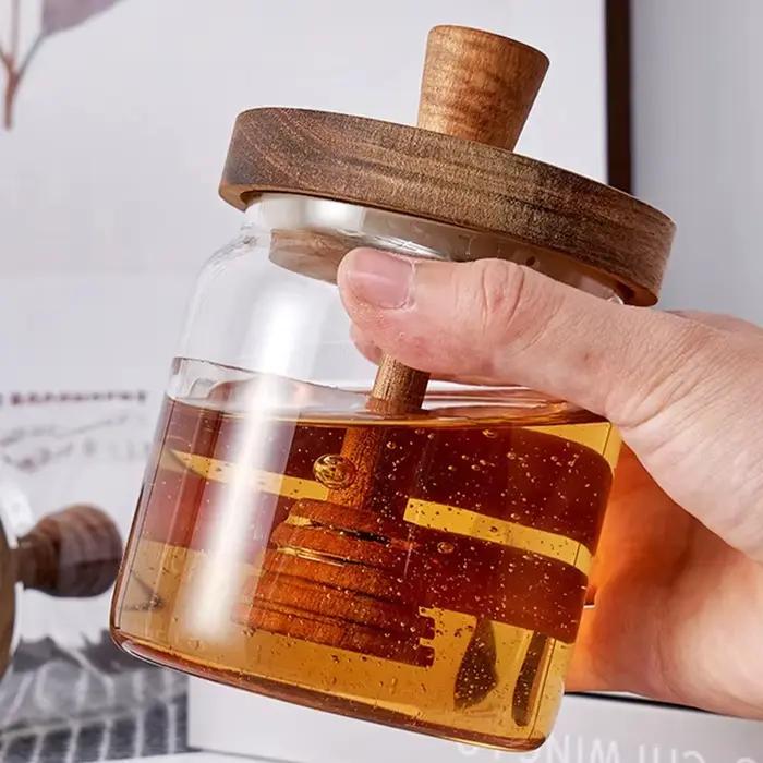 Pot à miel en verre borosilicate avec couvercle en bois massif et bâtonnet mélangeur pour confitures et aliments occasions spéciales