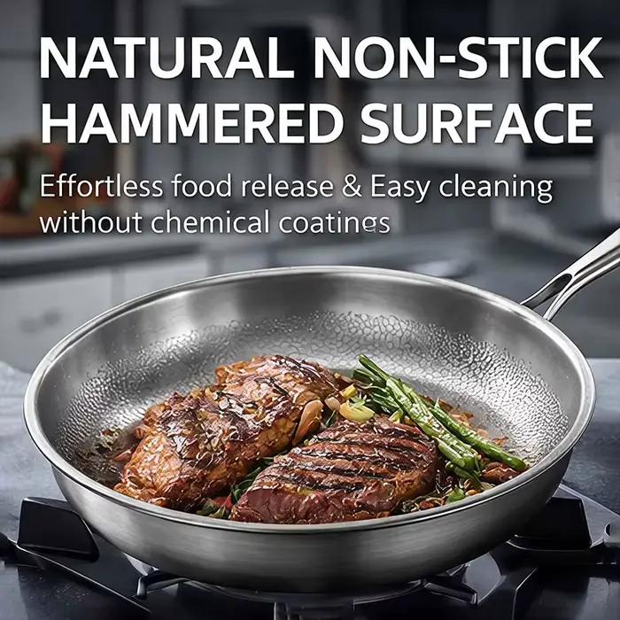 Poêle à frire en acier inoxydable tri-couche 10 11 12 pouces poignées ergonomiques pour cuisine professionnelle et amateurs occasions spéciales