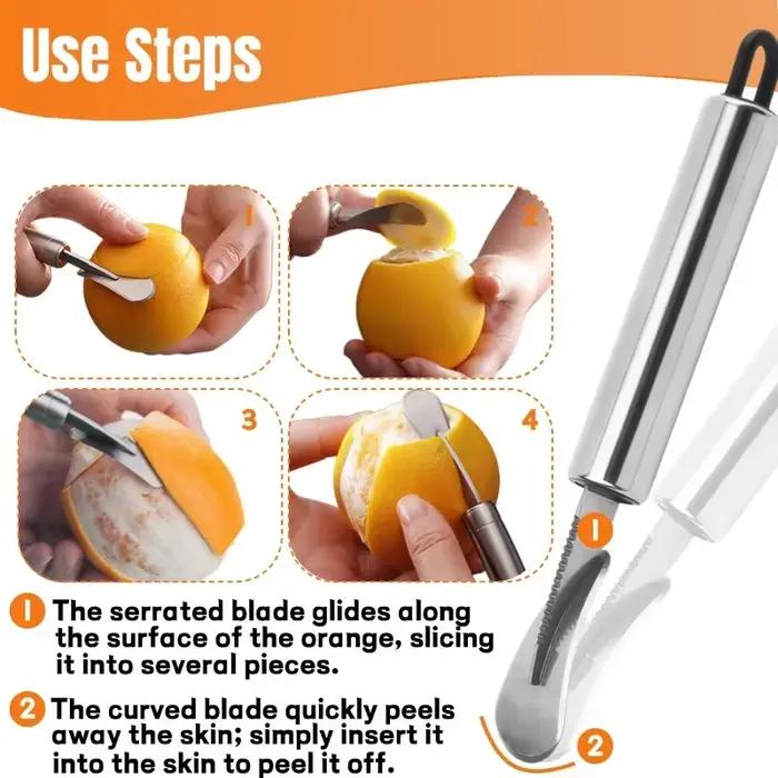 Éplucheur d'orange en acier inoxydable, 1 pièce, éplucheur de fruits réutilisable à usage domestique avec pelle en zigzag, adapté à l'épluchage des agrumes, orange, citron