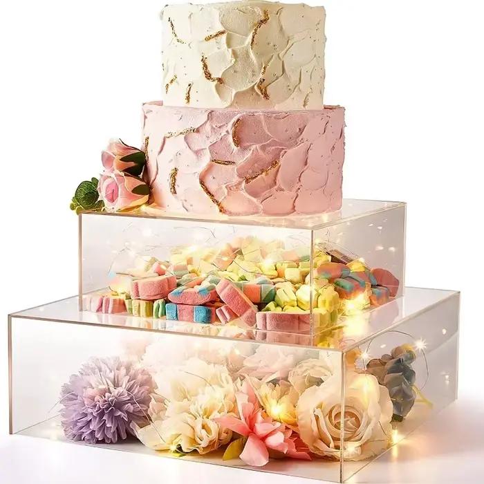 Panneau d'affichage de gâteaux en acrylique rond/carré/hexagonal, supports d'affichage de desserts en acrylique, Base de panneau rechargeable, outils de support de gâteaux transparents