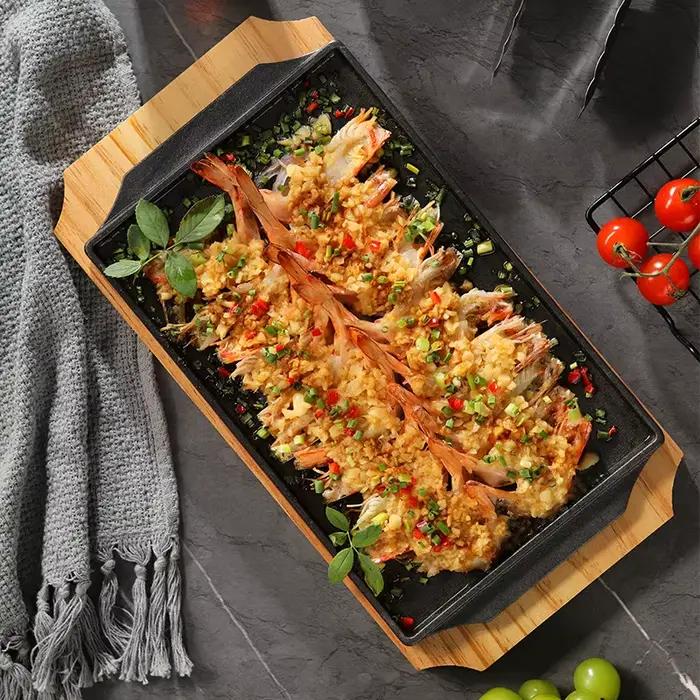 Plaque de cuisson Teppanyaki en fonte rectangulaire avec base en bois pour steak, poisson, barbecue, usage commercial et domestique