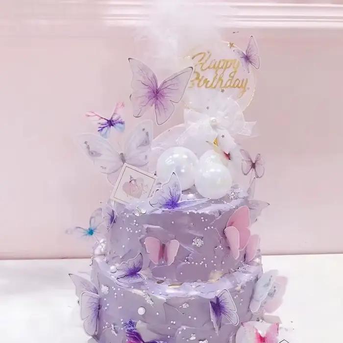 Toppers de gâteau en mousseline de soie, thème du jour de Léon, papillon rose, Chi, pour fête d'anniversaire, décorations de pâtisserie