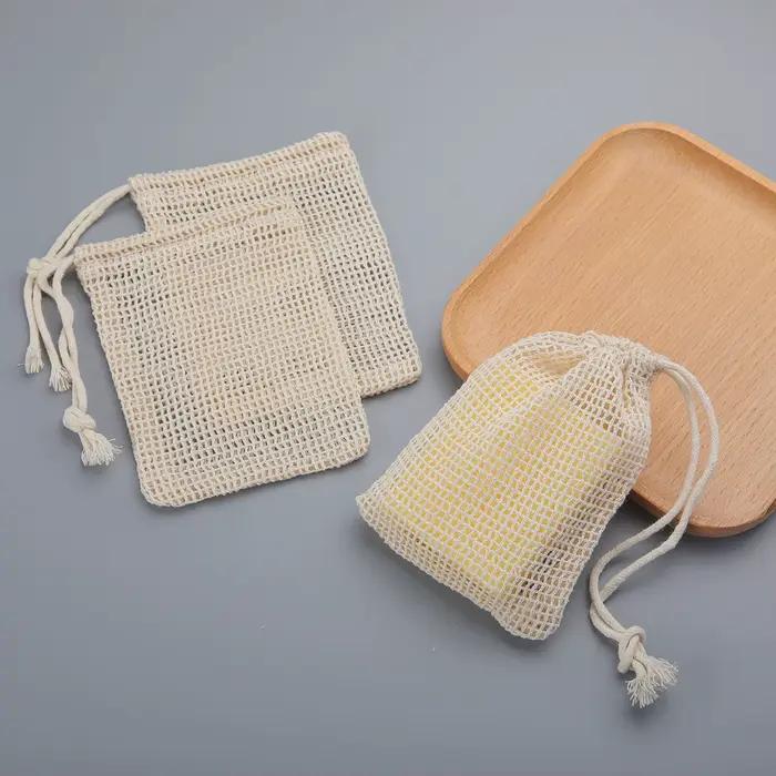 Sac économiseur de savon en coton naturel, 3 pièces, pochette de savon en maille de coton écologique pour le nettoyage du corps et les soins de la peau, idéal pour la douche, le bain et les voyages