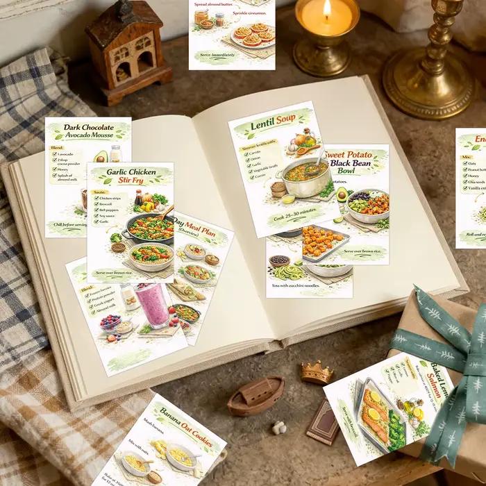24 cartes de recettes de cuisine avec liste d'épicerie et conseils sur l'alimentation saine