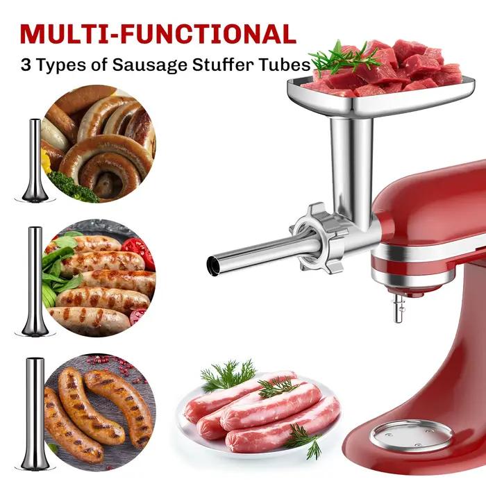 Accessoire de hachoir à viande en métal Gvode pour batteur sur socle KitchenAid avec 4 plaques de hachage, 3 tubes à saucisses et 2 lames