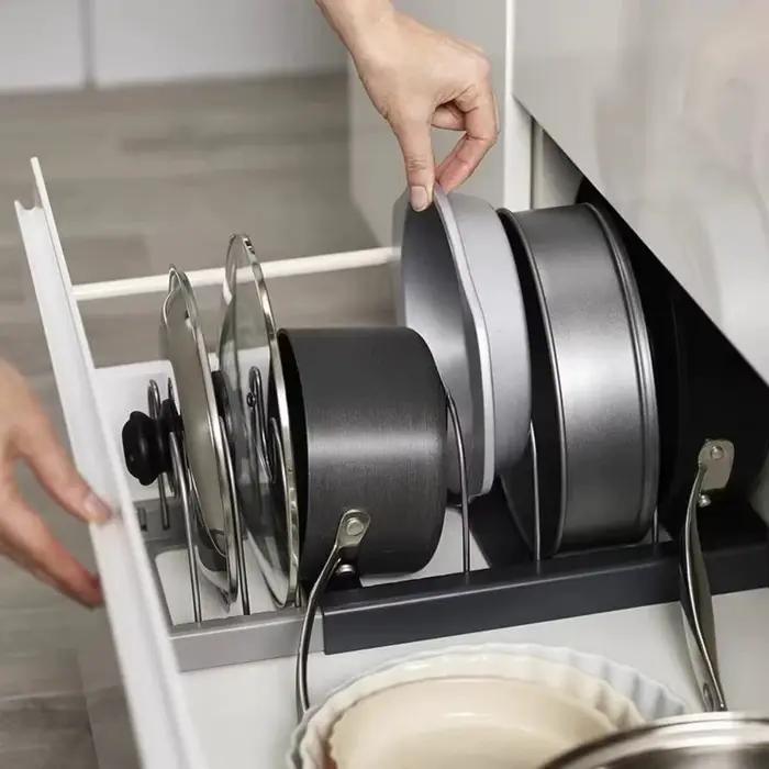 Support de casseroles télescopique à 7 grilles, organisateur de casseroles, support d'armoire peu encombrant pour casseroles, casseroles et couvercles, garde votre cuisine propre et bien rangée, 1 piè
