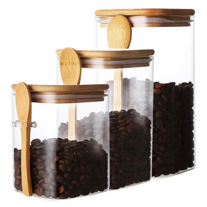 Pot de stockage scellé en verre carré de style japonais avec cuillère en bois