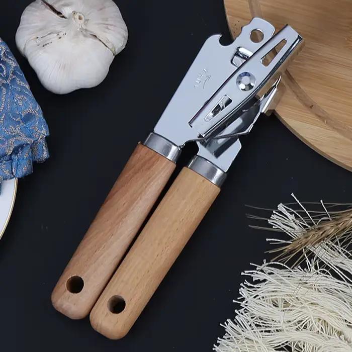 Ouvre-boîte manuel ergonomique professionnel en acier inoxydable, avec manche en bois, ouvre-bocal à coupe latérale, accessoires de cuisine