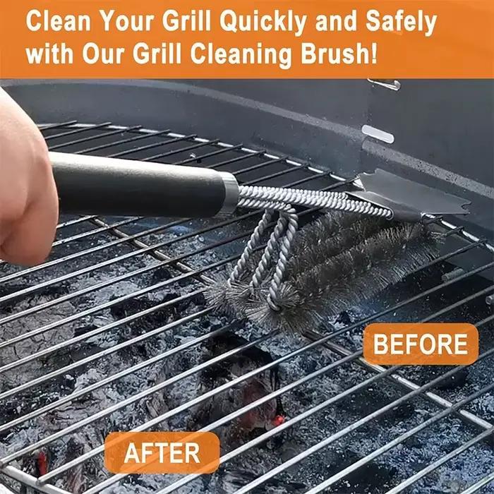 Brosse et grattoir de gril sûrs avec poignée de luxe, brosse de nettoyage de gril, brosse de gril à poils en acier inoxydable