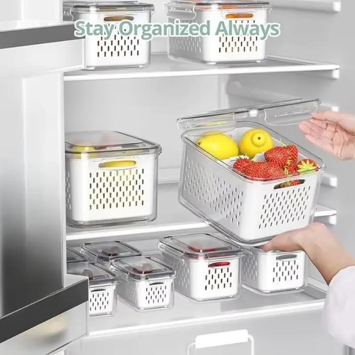 Conteneurs de stockage des aliments 17 pièces pour l'organisation de la cuisine comprenant 7 couvercles, 7 boîtes, 3 paniers de vidange, idéaux pour les Fruits et légumes