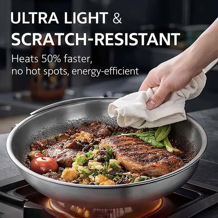 Poêle à frire en acier inoxydable tri-couche 10 11 12 pouces poignées ergonomiques pour cuisine professionnelle et amateurs occasions spéciales