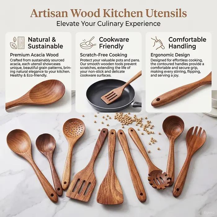 Ensemble d'ustensiles de cuisine en bois de teck