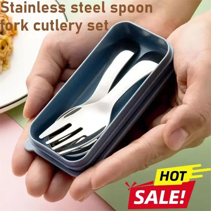 Une paire de couverts cuillère fourchette en acier inoxydable, inoffensif, cuillère ronde à manche court pliable, Portable, Dessert Bento voyage camping en plein air