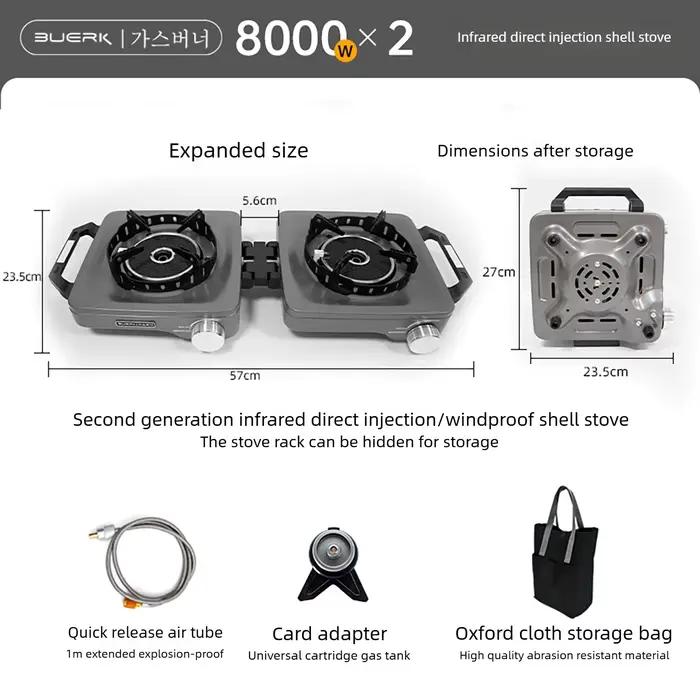 Réchaud de camping BUERK, réchaud à gaz portable, double brûleur, réchaud infrarouge pliable, ensemble de cuisson pour barbecue en plein air