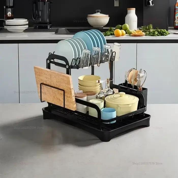 Égouttoir à vaisselle de cuisine avec panier de drainage et plateau de séchage
