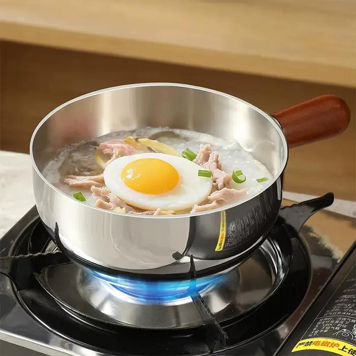 Casserole à lait en acier inoxydable avec poignée en bois, casserole compacte pour faire frire des œufs et réchauffer le lait