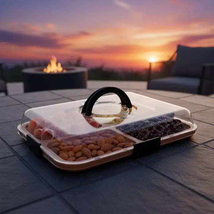Plateau à viande et à fromage en bambou avec couvercle, poignée intégrée, ensemble couvercle et plateau à fromage en bambou, compartiment réversible, plateau alimentaire