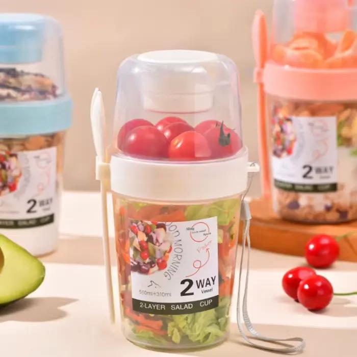 Tasse à salade portable à double couche avec fourchette, céréales, noix, yaourt, ensemble de conteneurs signés, boîte à lunch scolaire, boîte de rangement des aliments