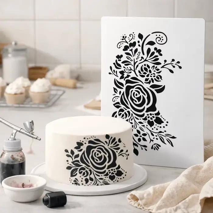 Pochoir à gâteau en forme de rose, pochoir de cuisson réutilisable en PET de qualité alimentaire pour fondant, sugarcraft et travaux manuels de peinture DIY
