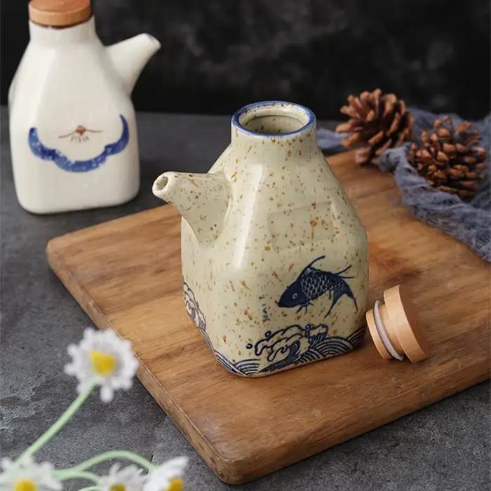 Pot à Sauce en céramique, distributeur de vinaigre de Style japonais, outil d'assaisonnement de Sauce soja, bouteille verseuse d'huile d'olive avec couvercle étanche
