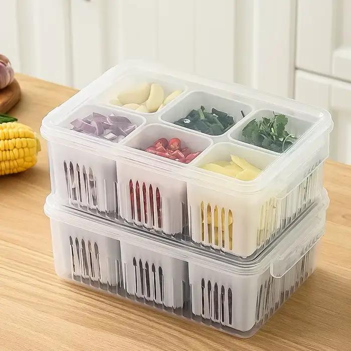Boite de conservation des aliments pour refigerateur transparente, drainage d'eau, rangement multiple, organisation de cuisine, oignon, gingembre, ail, poivre, empilable, haute capacité