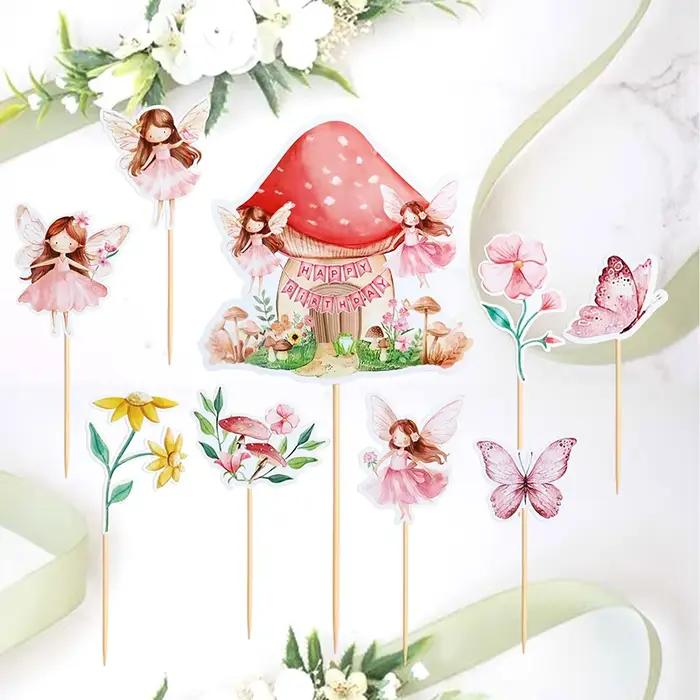 1 ensemble de décorations de cupcakes féériques, pics à dessert floraux, décorations de jardin féerique, pour anniversaire, baby shower, fête