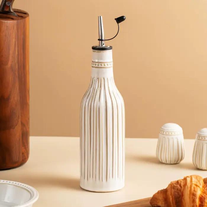 Bouteille d'huile et de vinaigre en céramique blanche à rayures simples et élégantes, style japonais moderne, ronde, pour huile d'olive et sauce soja