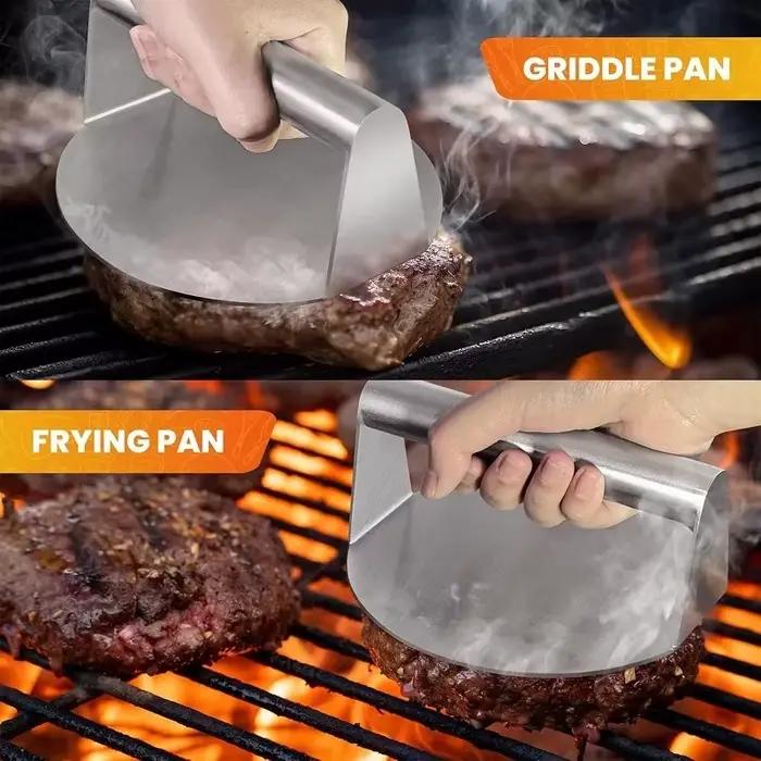 Presse à hamburger en acier inoxydable avec poignée pour préparation de viande et hamburgers occasions familiales et amicales