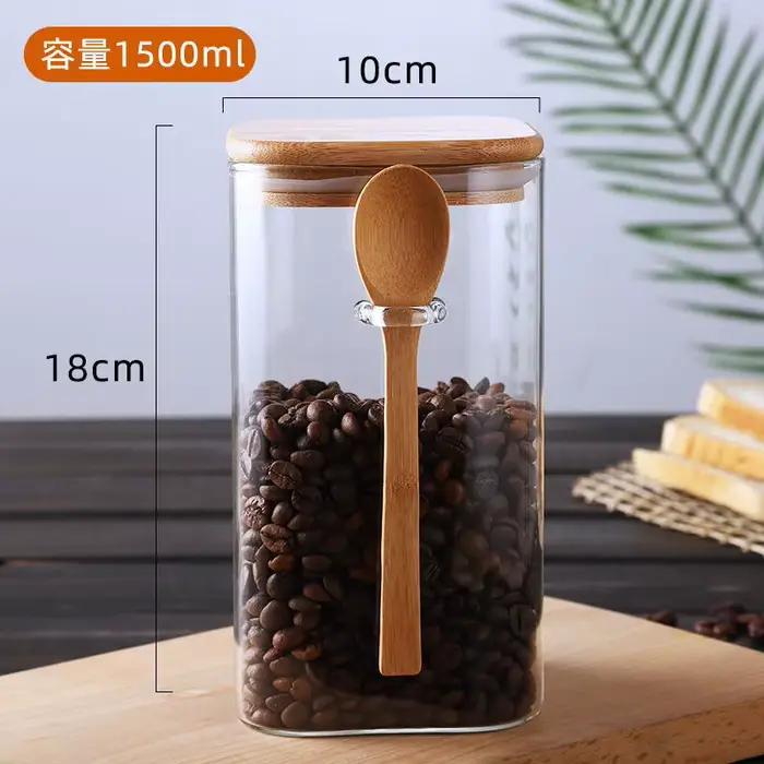Pot de stockage scellé en verre carré de style japonais avec cuillère en bois