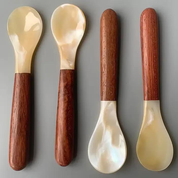 Cuillère en coquille naturelle coquille perlée caviar manche en bois vietnamien cuillère à dessert traditionnelle innovante pour femmes occasions spéciales