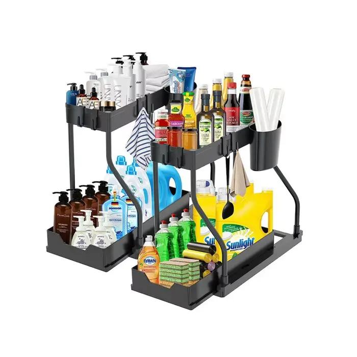 Étagère de rangement de cuisine à double niveau avec tiroirs mobiles pour une organisation pratique et élégante dans la maison et la salle de bain