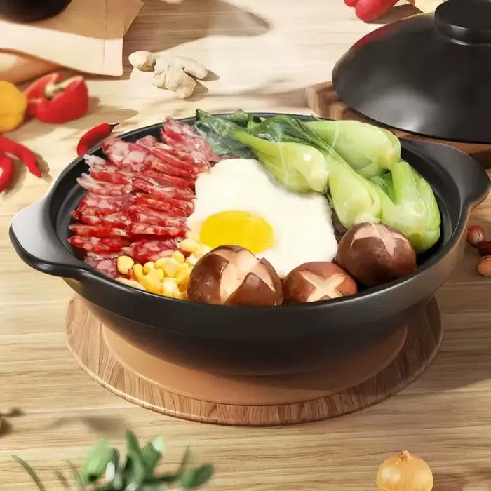 1 pot en argile céramique avec couvercle-pot en argile de qualité restaurant de style asiatique traditionnel pour la cuisson du riz délicieux, bol en pierre peu profonde