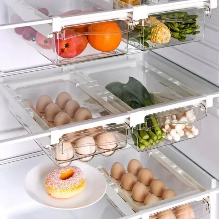Boîte de rangement transparente pour tiroir de réfrigérateur en plastique extensible pour fruits, légumes, œufs et autres aliments occasions spéciales et quotidienne