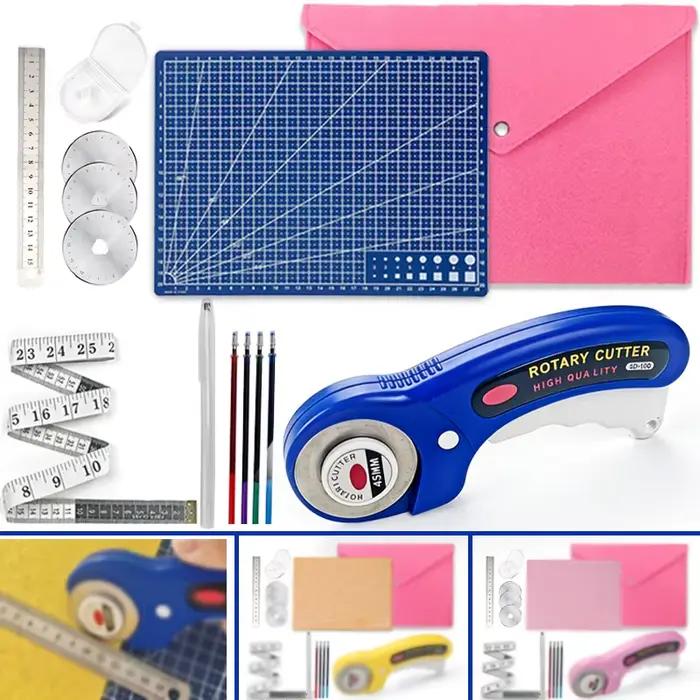 Ensemble de 7 couteaux rotatifs de 45 mm [Ruban à mesurer + Couteau à roulettes de 45 mm + Porte-stylo et recharge + Règle en acier de 15 mm + Tapis de découpe A4 + Lames de rechange + Sac de rangemen