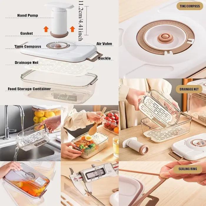 Boîte de stockage sous vide alimentaire, récipient hermétique-boîte de rangement de cuisine réutilisable avec filet de vidange et pompe à vide pour garder les aliments frais