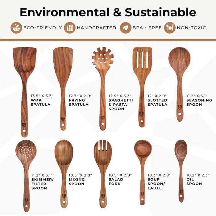Ensemble d'ustensiles de cuisine en teck naturel - Cuillères de cuisson à prise confortable et support pour ustensiles