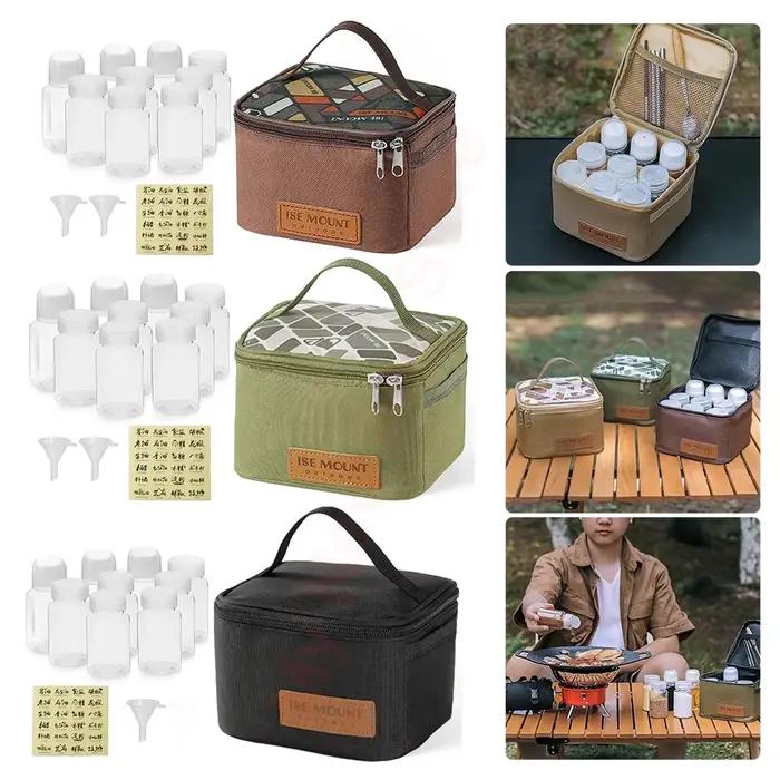 Ensemble de pots de stockage d'épices et de poivre portables, sac de rangement pour camping, barbecue et voyages, assortiment de bouteilles filtrantes et conteneurs d'huile pour une organisation efficace