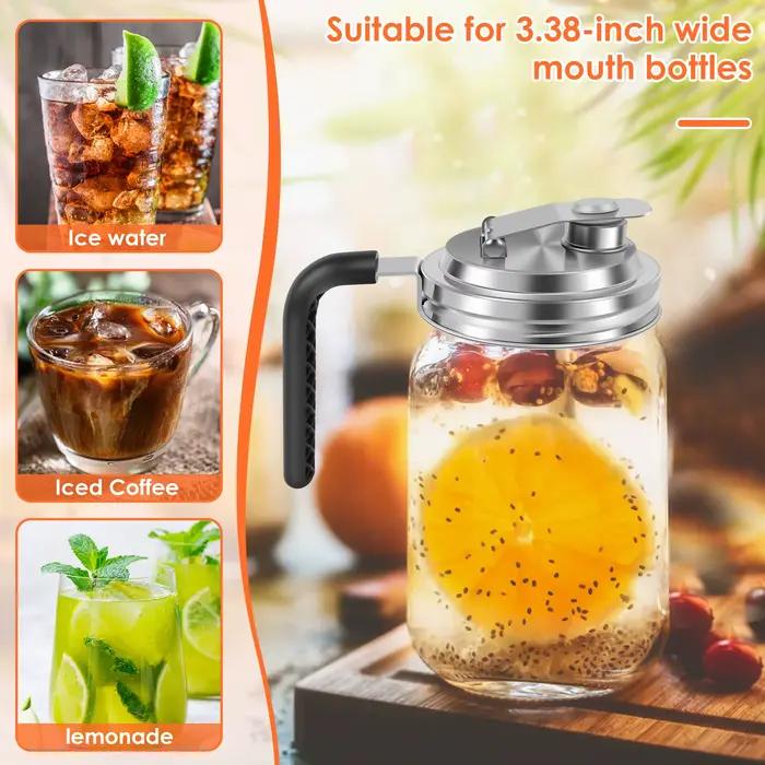 Couvercle à bec verseur pour bocaux Mason à large bouche, couvercle à poignée hermétique, couvercle d'étanchéité anti-fuite, pichet Mason Jar, bouchon rabattable, 2 pièces