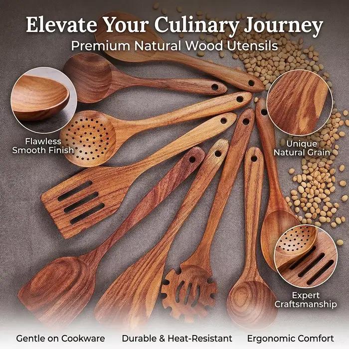 Ensemble d'ustensiles de cuisine en bois de teck