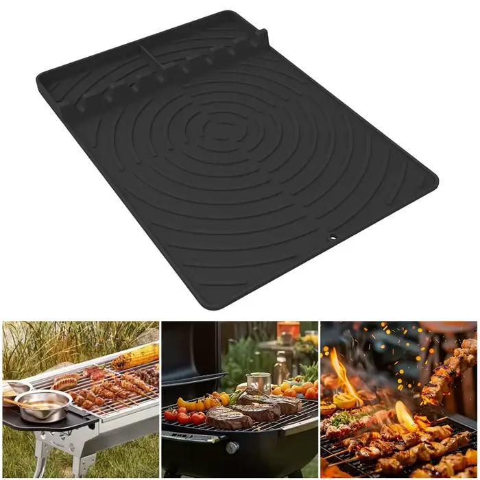 Tapis de gril en silicone résistant à la chaleur pour organisation et nettoyage facile, idéal pour grills extérieurs et soirées barbecue, disponible en gris foncé, orange, vert armée et noir