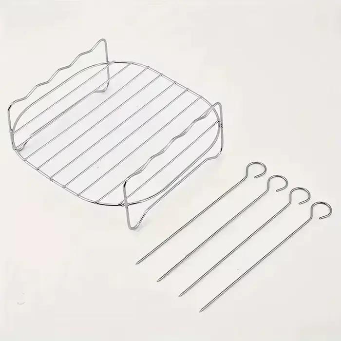 Gril carré pour friteuse à air 20cm/7,87 pouces, en acier inoxydable, avec 4 brochettes de barbecue, accessoires pour friteuse à air, support de cuisson, cuisine