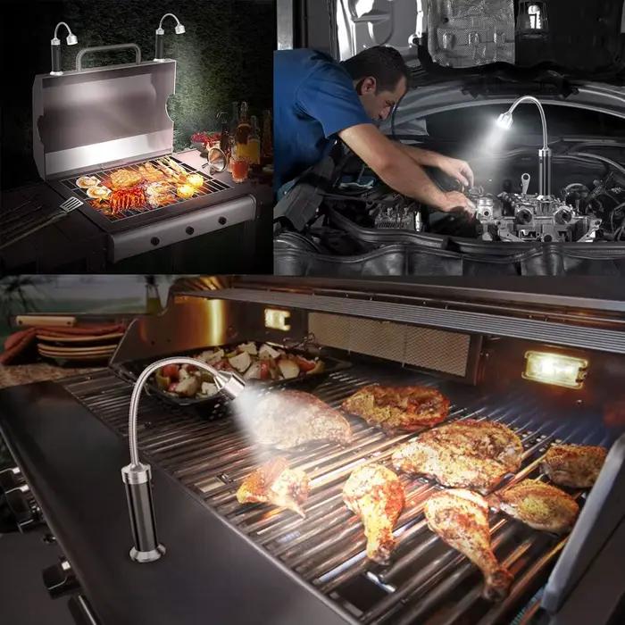 Lampe de gril – Accessoires de barbecue pour l'extérieur avec base magnétique, col flexible à 360 degrés, résistant à l'eau et à la chaleur, aucune batterie incluse