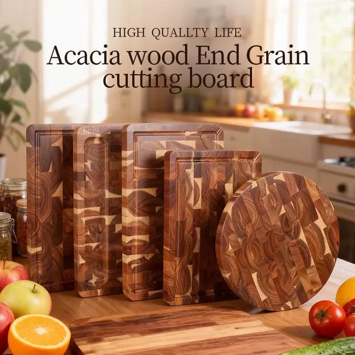 Planche à découper en bois d'acacia double face pour cuisine et événements, bloc de boucher épais et stable, avec rainure pour capturer le jus, idéale pour préparer des plats variés et offrir comme cadeau