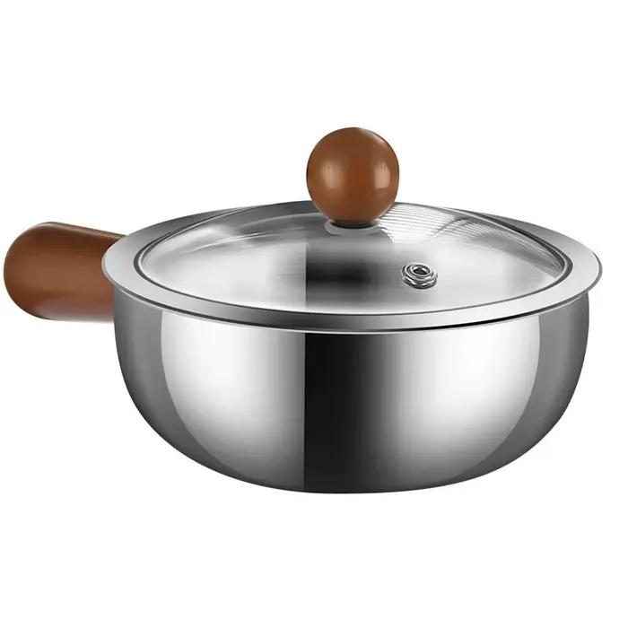 Casserole à lait en acier inoxydable avec poignée en bois – Casserole compacte pour réchauffer le lait et faire frire les œufs
