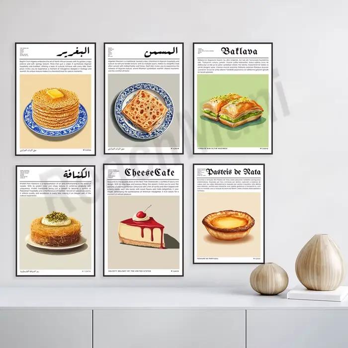 Baklava turque, tarte aux œufs portugais, croissant français, cheesecake américain, algérie, impression de voyage du moyen-orient, affiche de cuisine