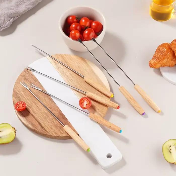Lot de 6 fourchettes à fondue et à griller, muddler, fourchettes à fruits réutilisables, fourchettes à barbecue, pour trempage, en plastique/bois + acier inoxydable, pour cocktails